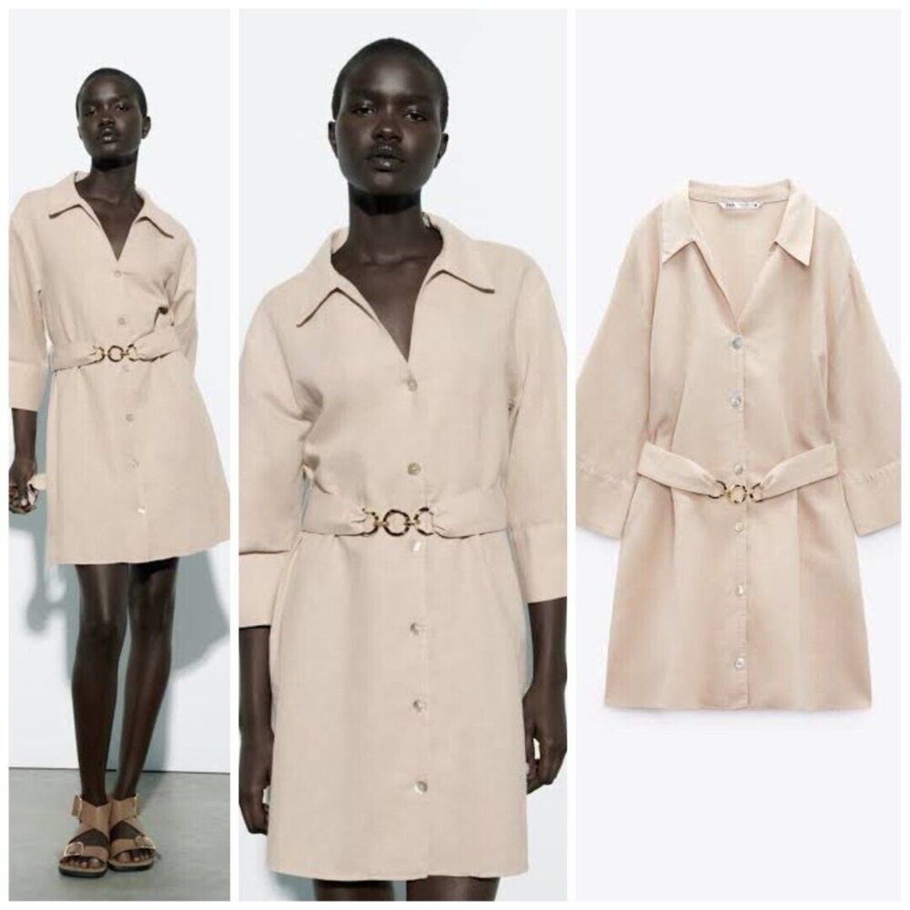ZARA LINEN BLEND CHAIN LINK BELT SHIRT DRESS